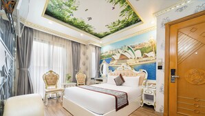 A luxurious bedroom with a large bed, ornate furniture, a mural of a cityscape, and a wooden door. - Townhouse District 10 Near Children Hospital 1 (Ho Chi Minh Municipality)