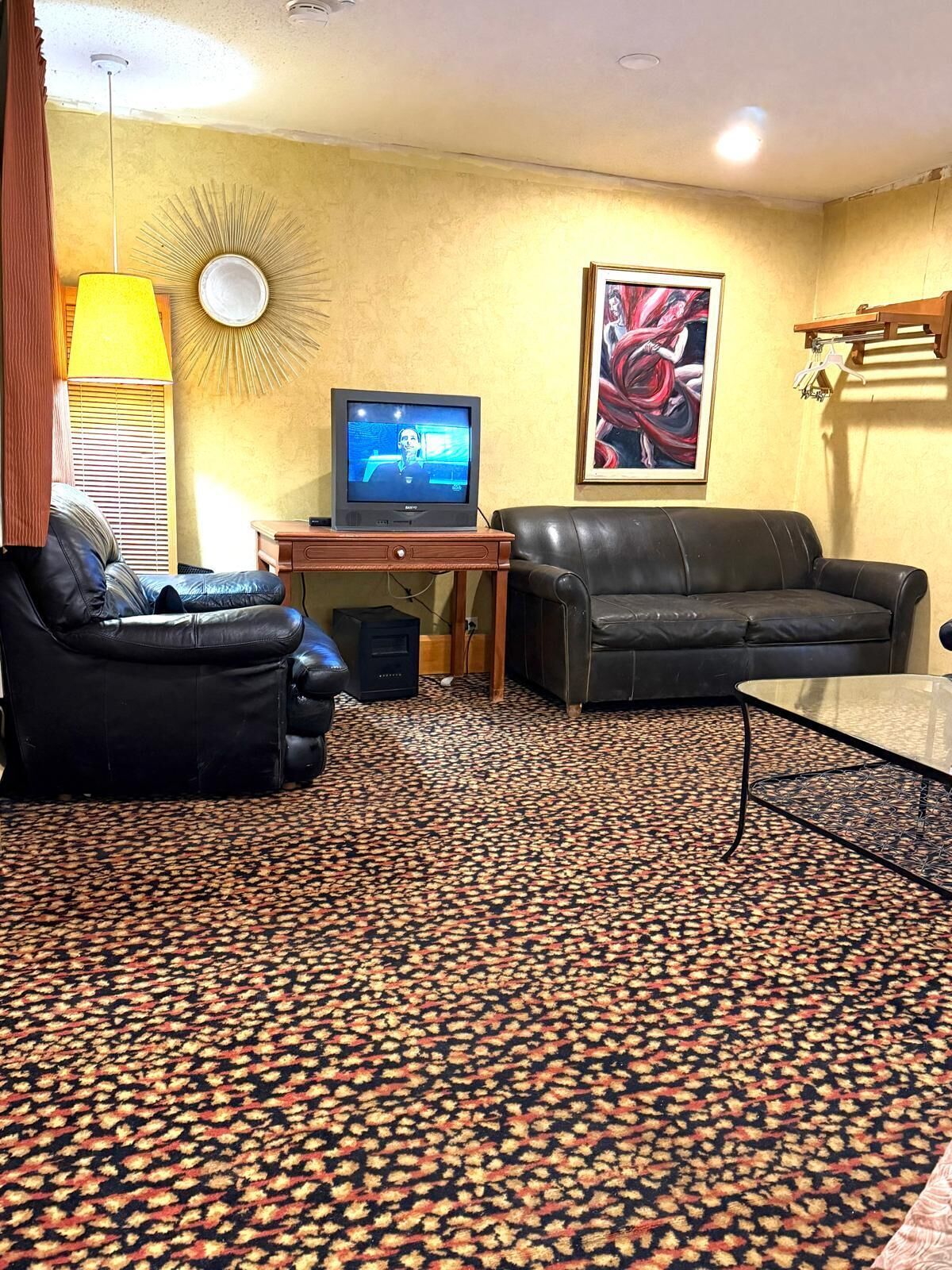 A living room with a patterned carpet, a black leather sofa, a glass coffee table, a television on a wooden stand, and a wall-mounted decorative plate.