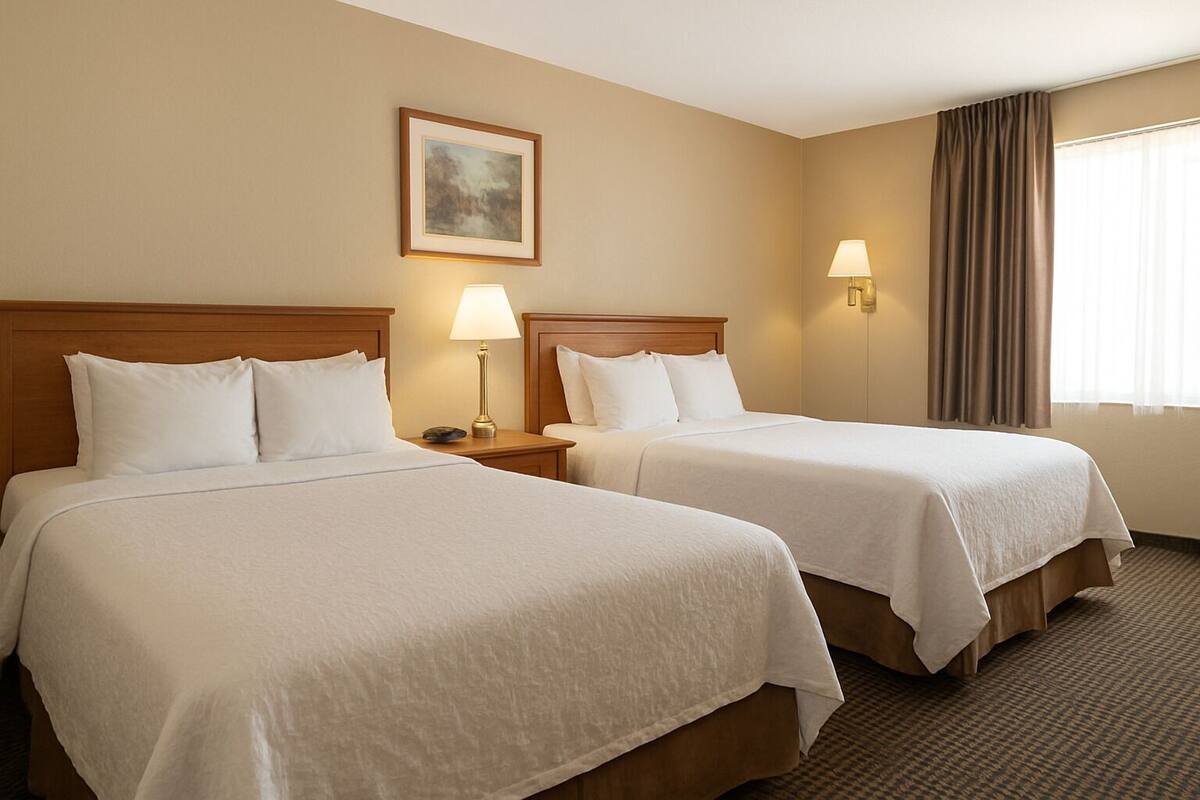 A hotel room with two beds, a nightstand with a lamp, a painting on the wall, and a window with curtains.