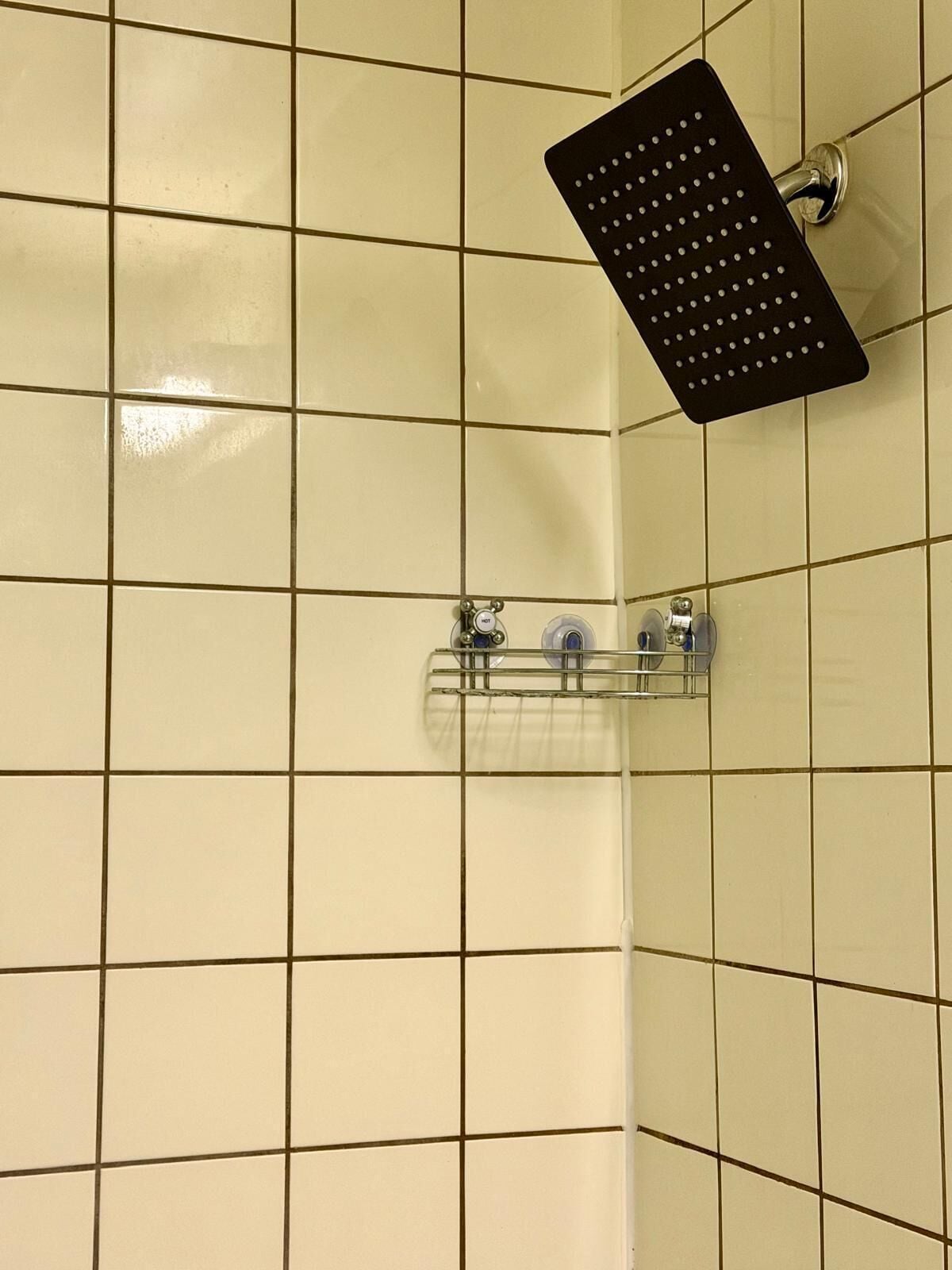 A tiled shower area with a handheld showerhead.