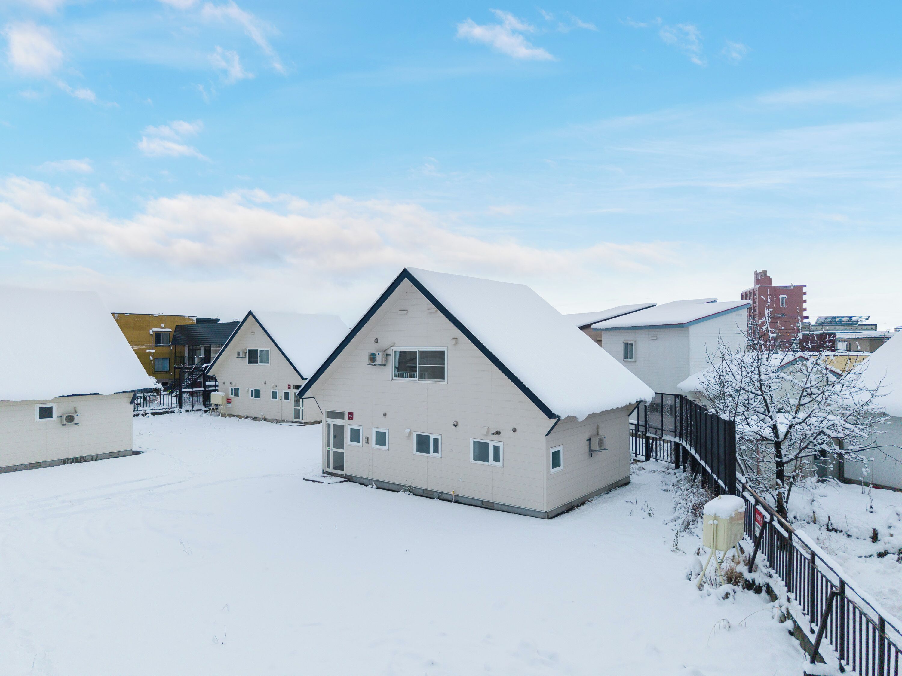 A residential area with multiple houses covered in snow, featuring a mix of architectural styles and a clear sky.