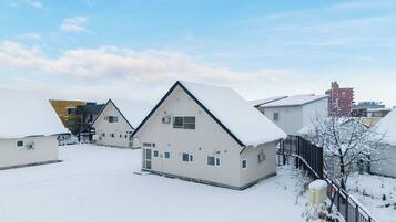 A residential area with multiple houses covered in snow, featuring a mix of architectural styles and a clear sky.