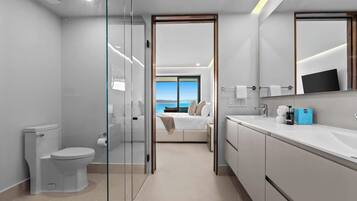 Shower, hair dryer, towels, shampoo