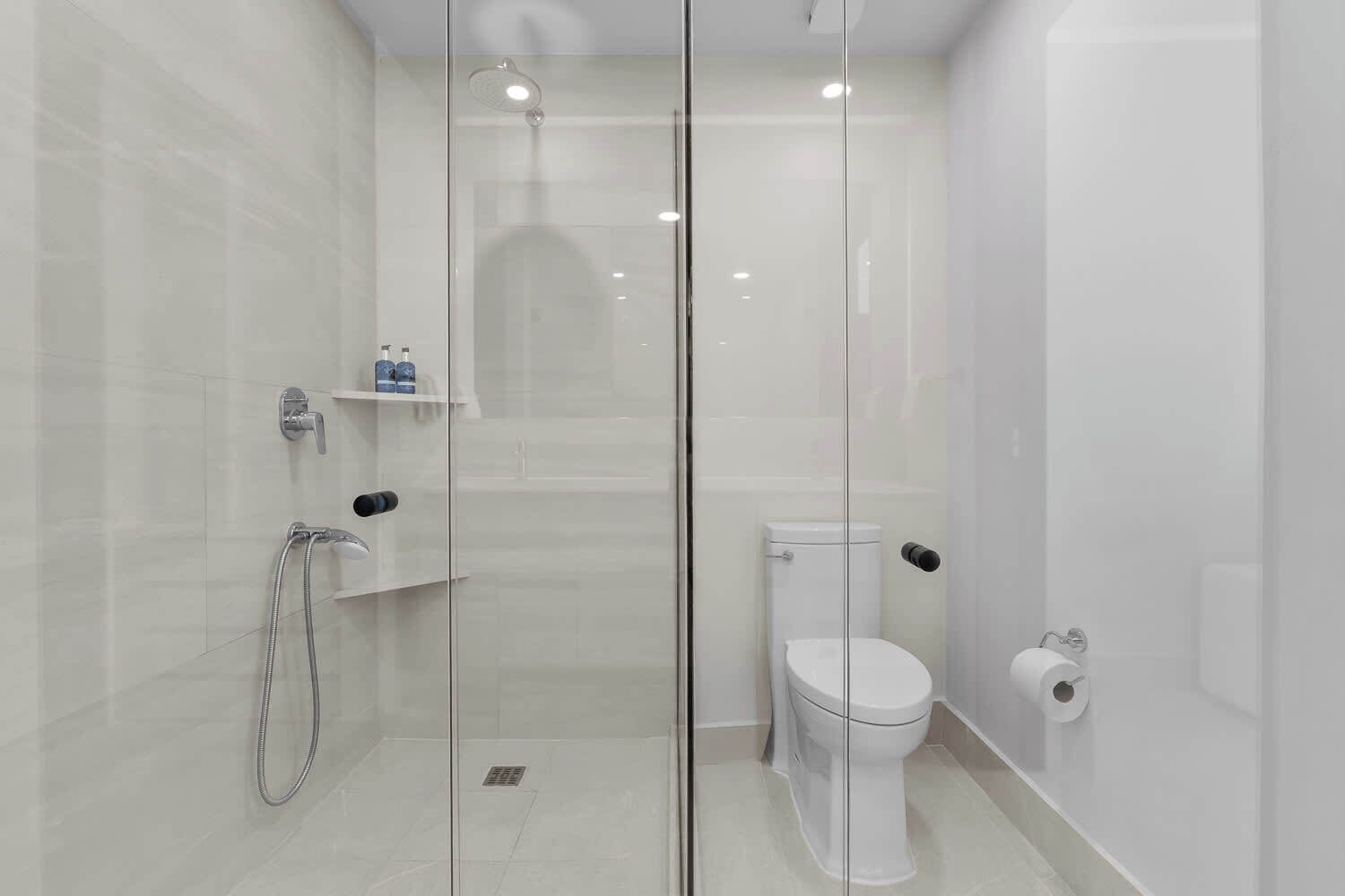 A modern bathroom with a glass shower enclosure, a toilet, and a small shelf with toiletries.
