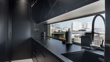 Căn hộ, quang cảnh thành phố | Bếp riêng | Tủ lạnh, bếp nấu, máy rửa bát, dụng cụ nấu nướng/bát dĩa/dao nĩa