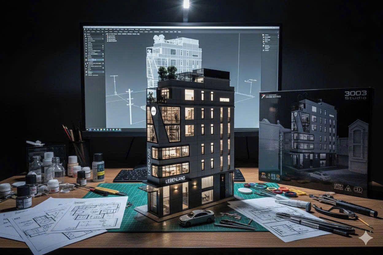 A model of a multi-story building with the name "LEBENLANG" on its facade, surrounded by architectural plans and tools on a desk.