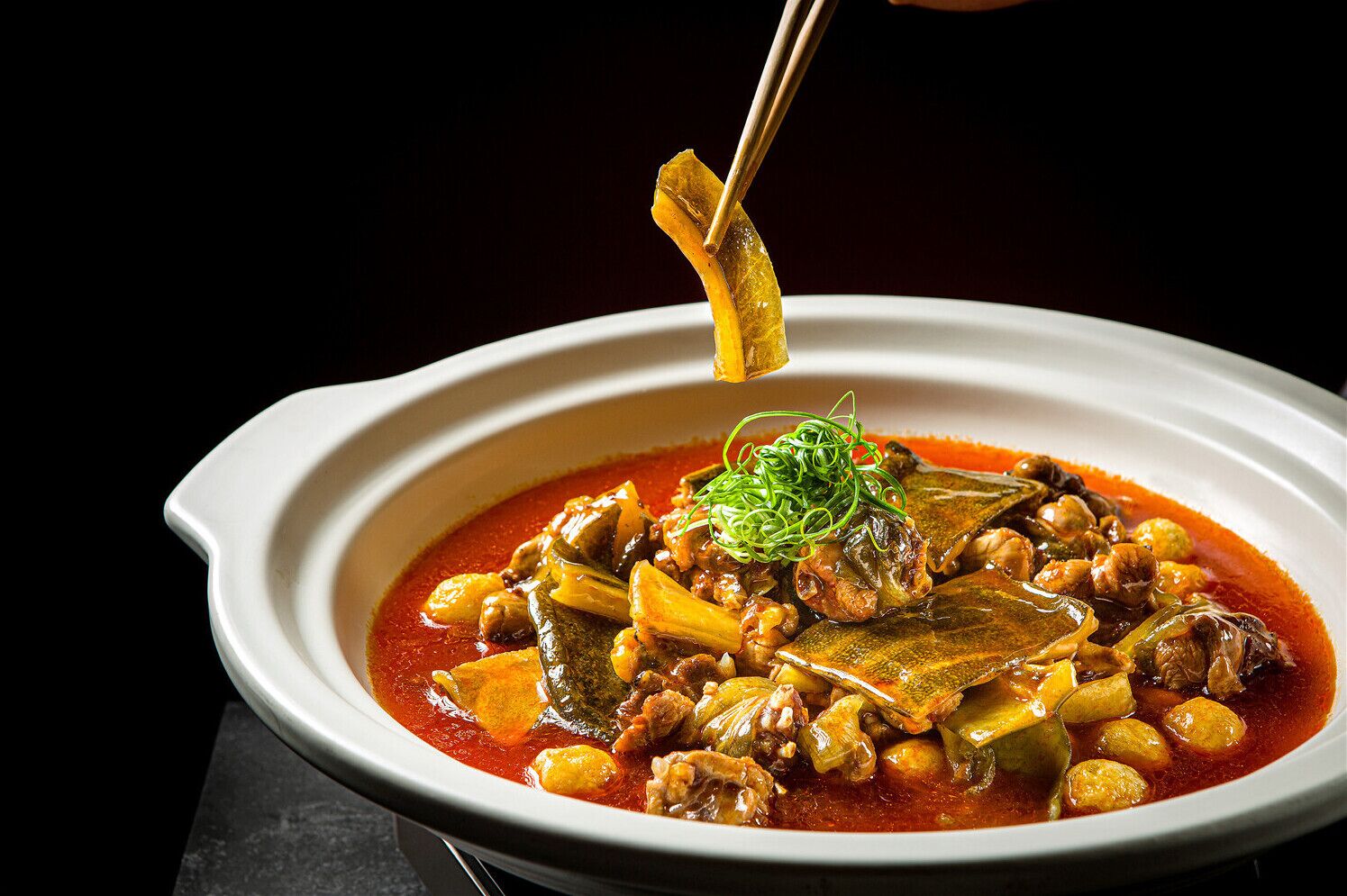 A bowl of stew with various vegetables and meat, garnished with green herbs.
