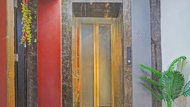 Un ascensor con puerta de vidrio, pared roja a la izquierda y una planta en maceta a la derecha.