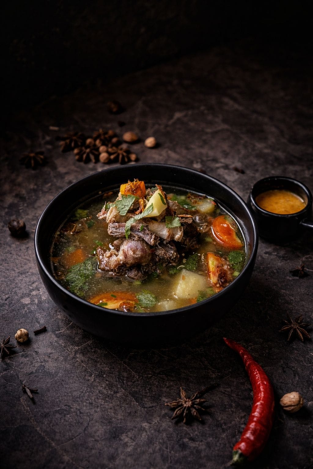 A bowl of stew with meat and vegetables, surrounded by spices and a red chili on a dark surface.