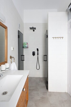 Hair dryer, towels, soap, toilet paper