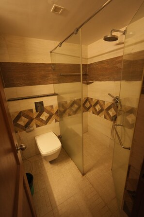 A glass-enclosed shower with a handheld showerhead, a toilet, and patterned tiles on the walls.