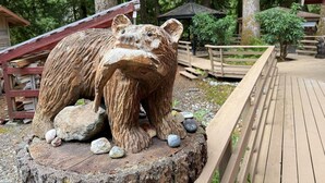 A wooden bear sculpture on a rock, surrounded by pebbles, with a wooden deck and a wooden fence in the background. - Forks Riverside Serenity (Forks)