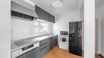 Een koelkast, een magnetron, een kookplaat, een rijstkoker