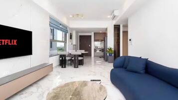 Suíte família, 3 quartos, acesso ao Club Lounge, vista para a cidade | Roupas de cama de algodão egípcio, roupas de cama premium