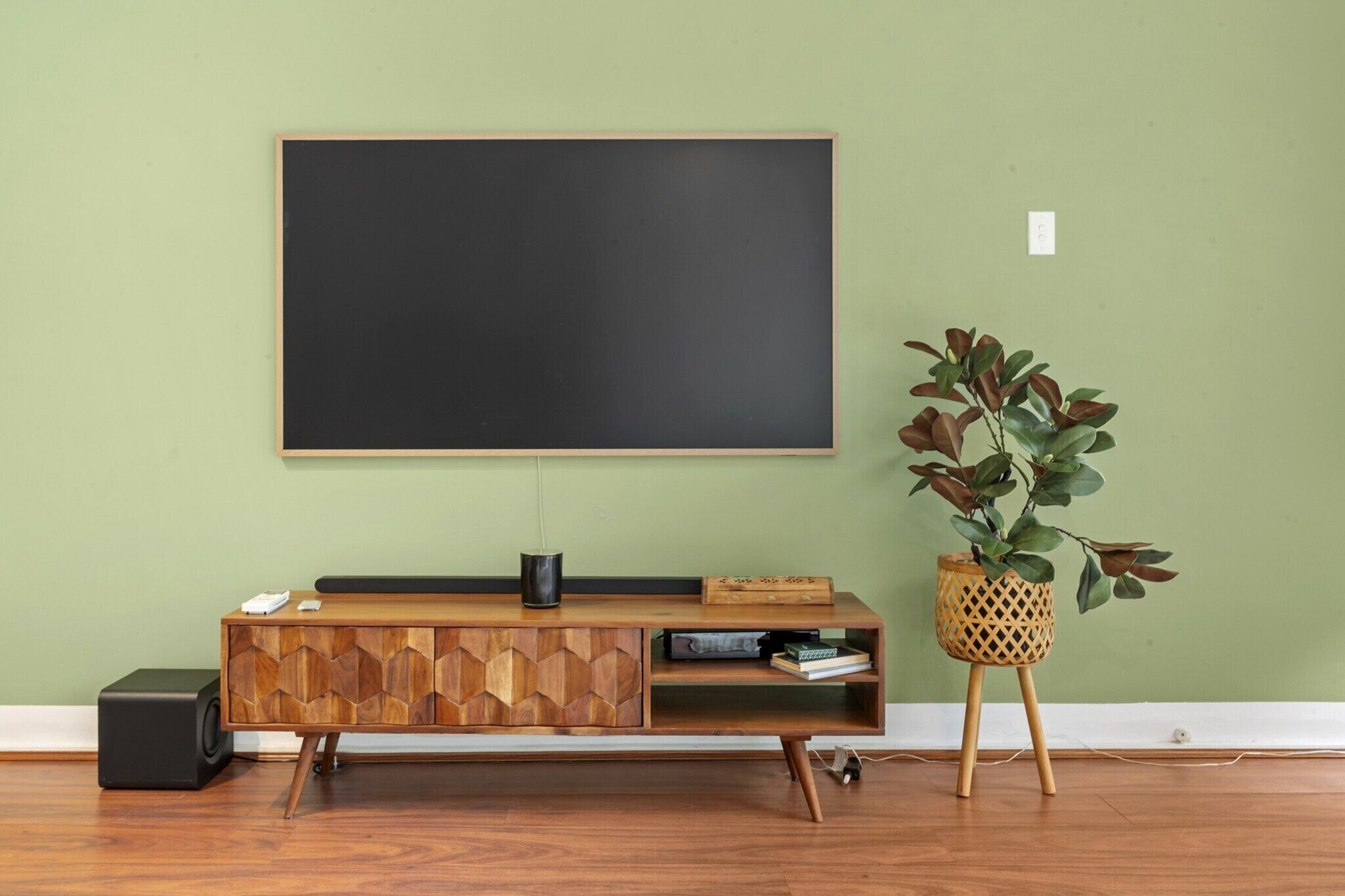 Un salon avec un meuble en bois, un téléviseur et une plante en pot.