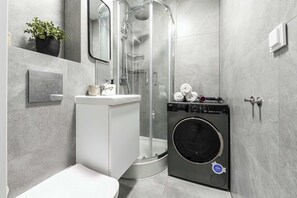 Chuveiro, secador de cabelo, toalhas de banho, papel higiênico