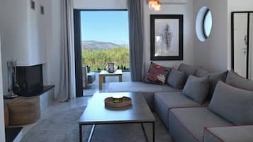 Maison, vue jardin | Salle de séjour | TV connectée de 55 pouces avec chaßnes par satellite