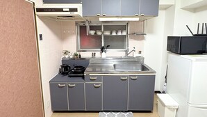 Een kleine keuken met grijze kastjes, een roestvrijstalen spoelbak, een magnetron, en een klein aanrecht met waterkoker en koffiezetapparaat.