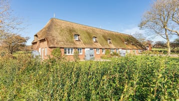 Une maison traditionnelle à toit de chaume, dotée de nombreuses fenêtres et d’une cheminée, entourée d’un jardin bien entretenu.