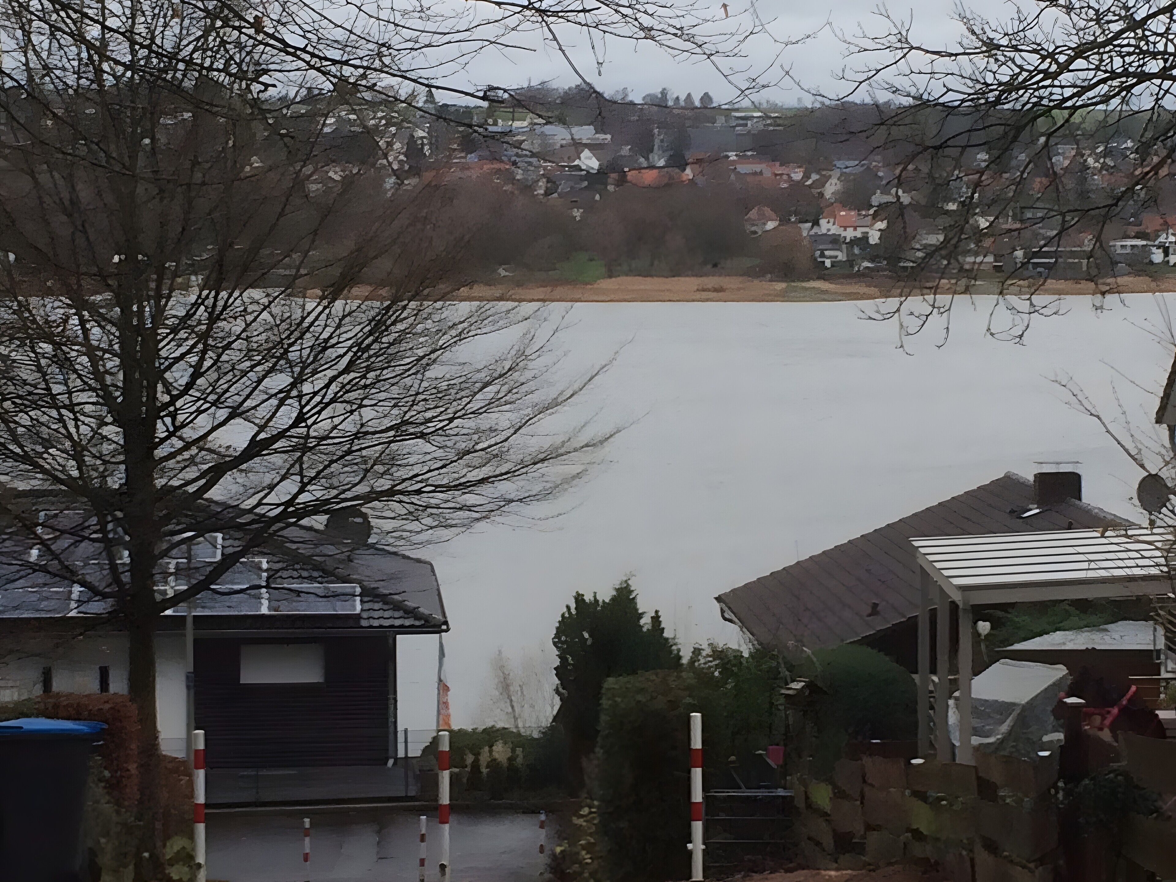 A residential area with houses, a tree, and a body of water.