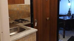 Une cuisine équipée d’une cuisinière à gaz, d’un évier et d’une porte en bois.