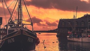 En hamn vid solnedgången med förtöjda båtar, en fyr och en byggnad med skylten WH 324.