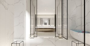 Separate tub and shower, hair dryer, towels, soap - Xanadu International Resort  (Koh Rong Sanloem)