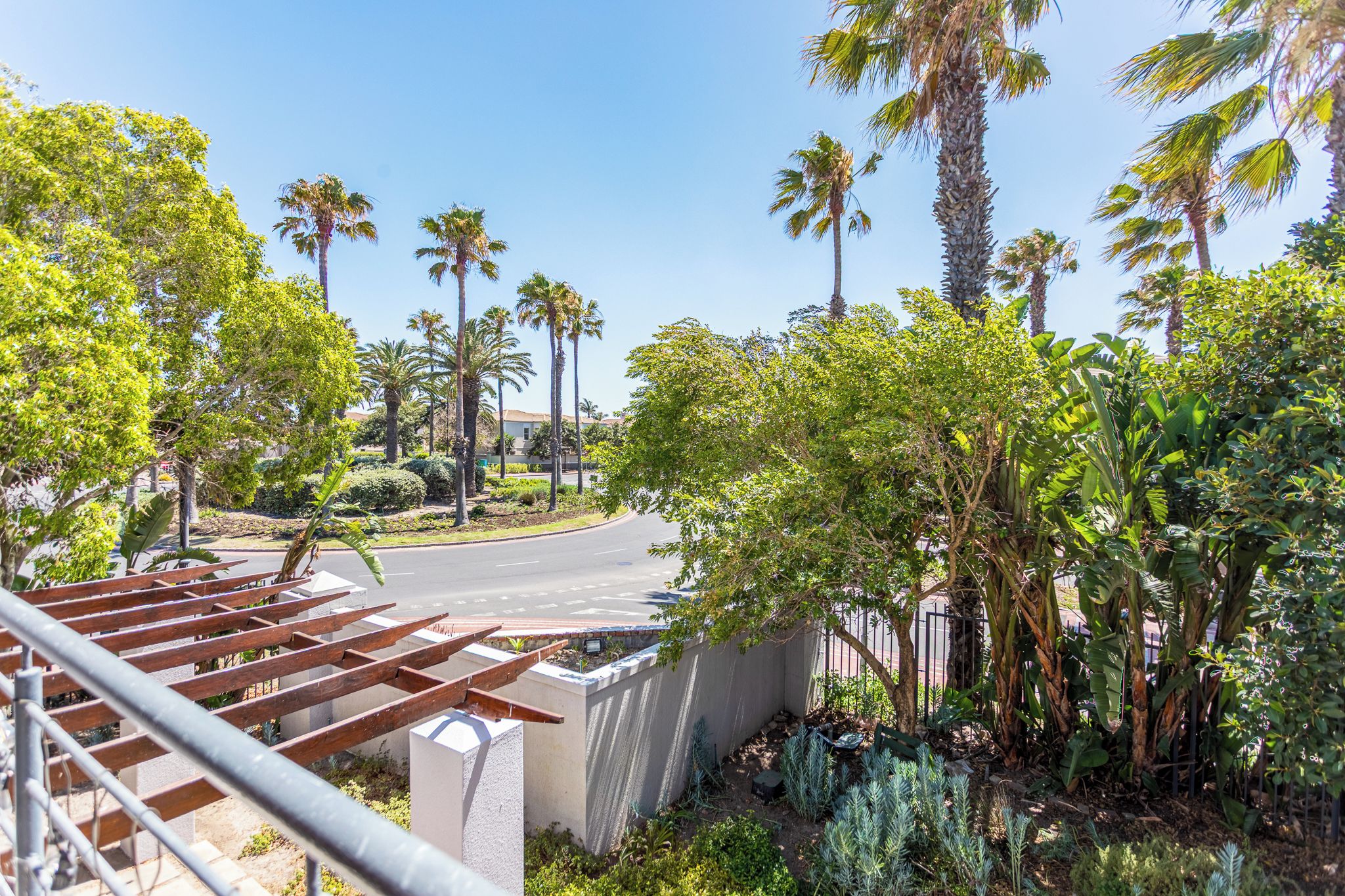 A parking area with a concrete barrier, a metal railing, and a variety of trees including palm trees.