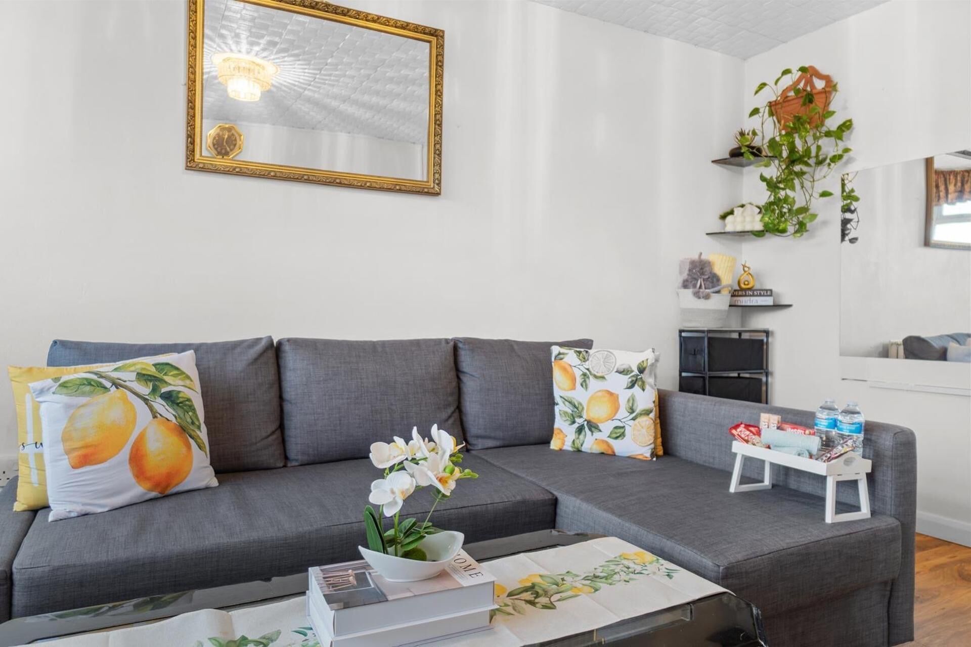 A living room with a grey sofa, a mirror, and a small white table with books and a plant.