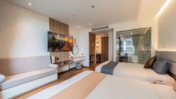 Desk, laptop workspace, blackout drapes, soundproofing