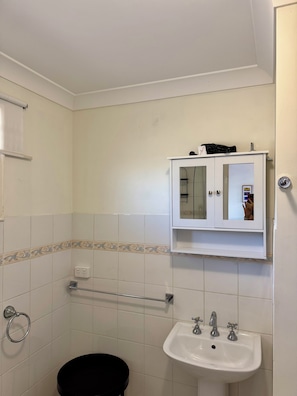 Secador de cabelo, toalhas de banho, sabonete, papel higiênico