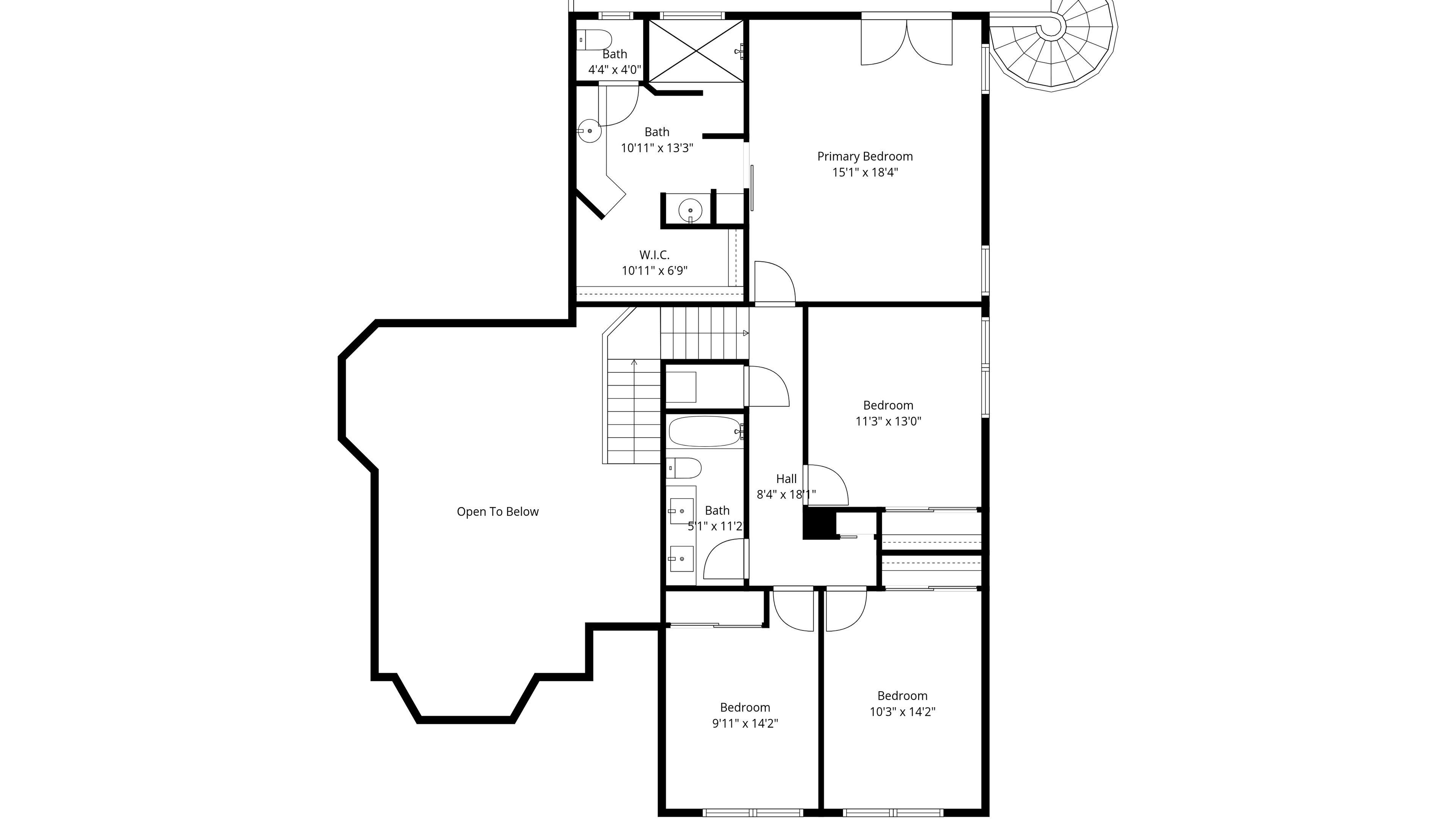 Un plan d’étage comprenant une chambre principale, deux chambres plus petites, une salle de bain, un dressing, un couloir et un espace ouvert.