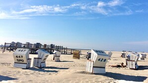 Sillas de playa numeradas, un muelle de madera y un cielo despejado.