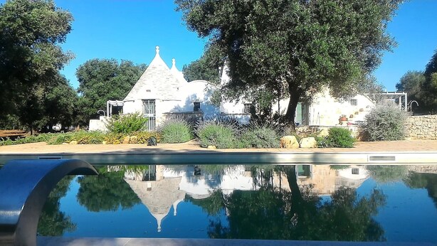 Ein Haus mit Swimmingpool, umgeben von Bäumen und Grün.