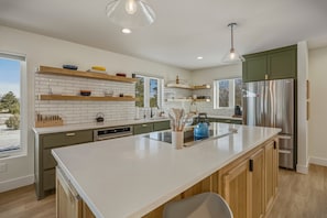 A modern kitchen with white countertops, green cabinets, and a stainless steel refrigerator. - Mountain-view Pagosa Springs house on five acres with four bedrooms, three baths, private hot tub, two fireplaces, chef's kitchen, and entertainment room; sleeps 7. (Pagosa Springs)