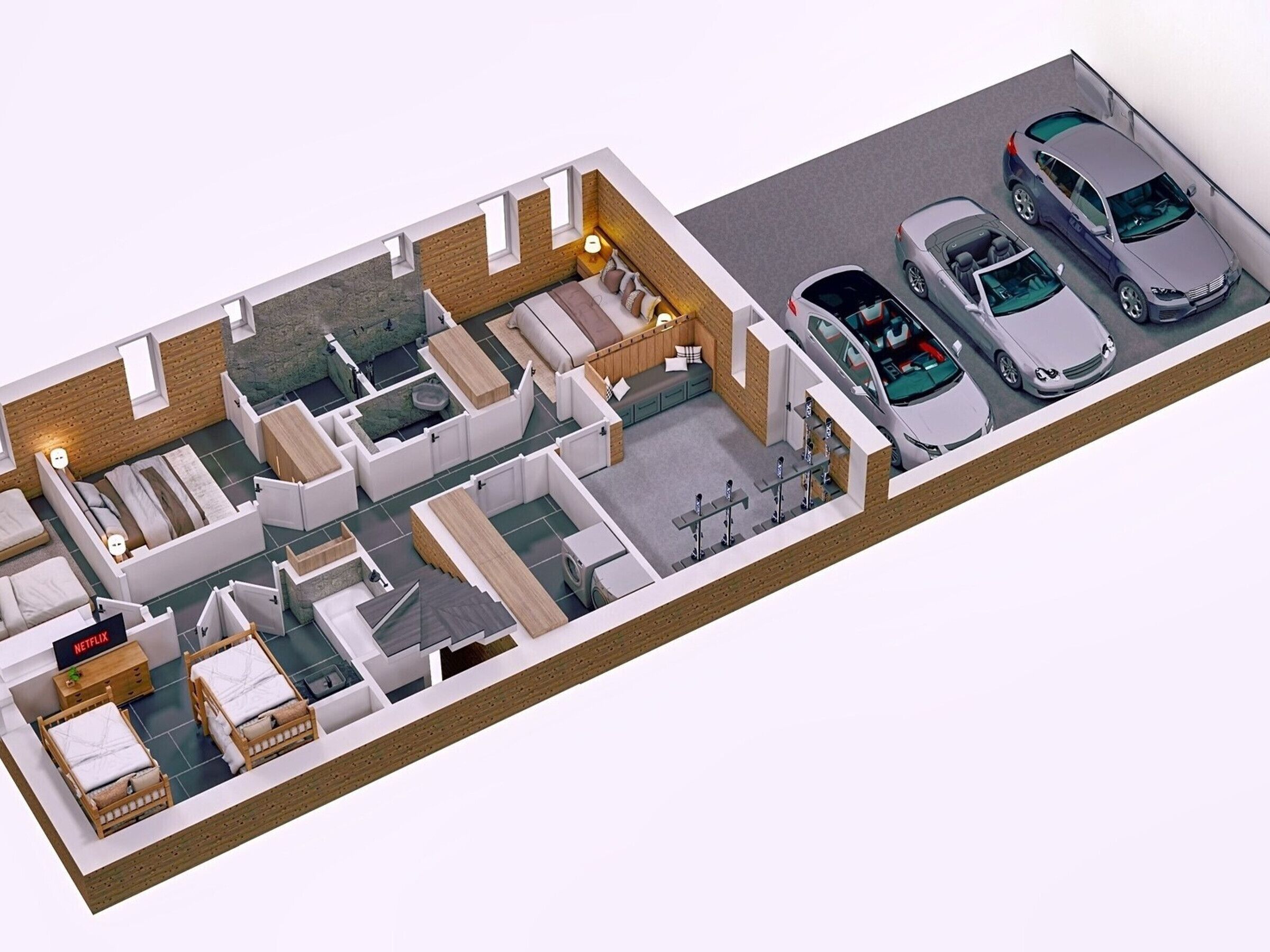 En 3D-modell av ett hotellrum med två sängar, en soffa, en TV och ett carport med plats för tre bilar.