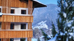 A multi-story wooden building with balconies, set against a snowy mountainous backdrop. - Aparthotel Iris by Interhome (Auffach)