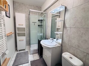 A modern bathroom with a glass shower enclosure, a white sink, and a toilet. - Renovated apartment in central Les 2 Alpes, near slopes (Les Deux Alpes)