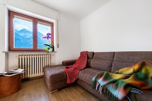 A cozy living room with a brown sofa, a red polka dot throw, a colorful blanket, a window with a mountain view, and a radiator.