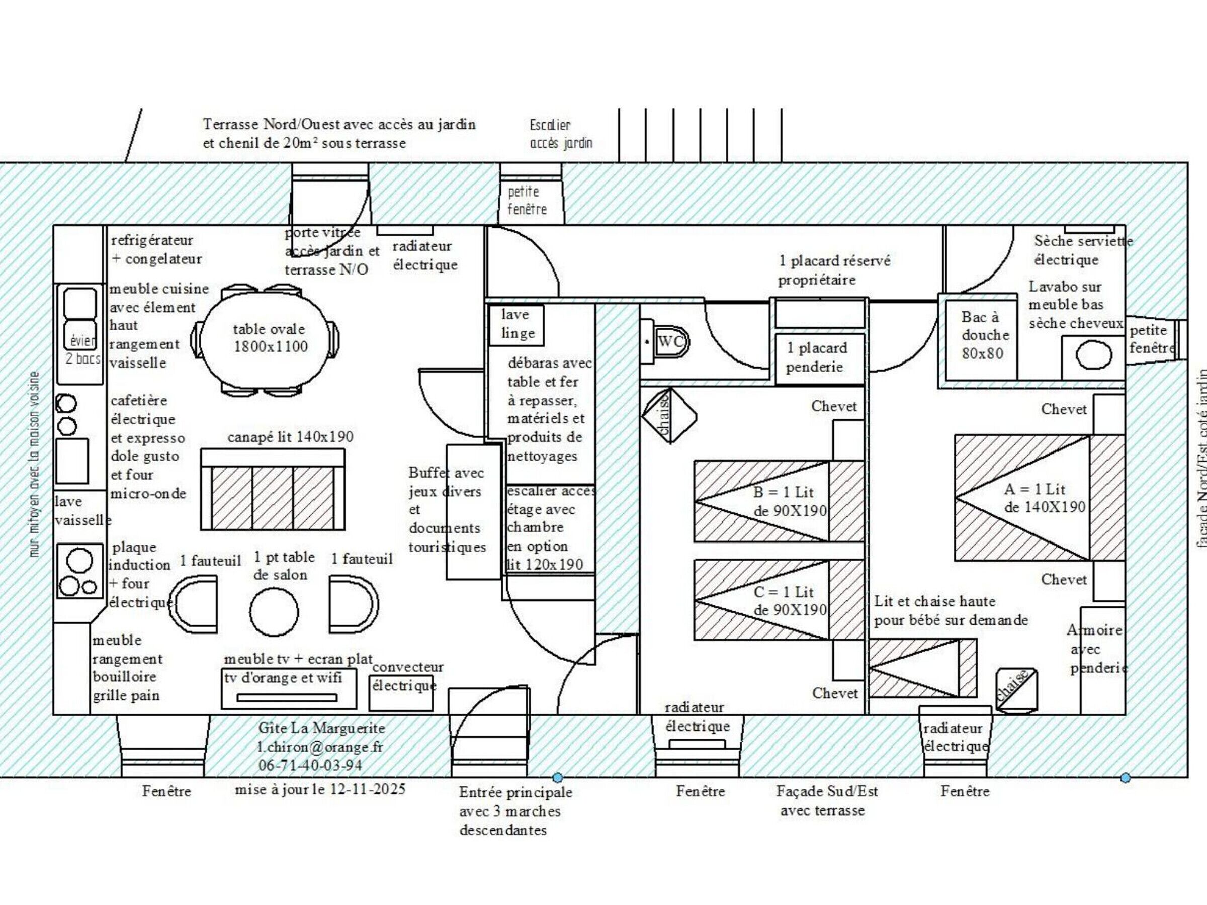 A detailed floor plan of a hotel room with a balcony, kitchenette, bathroom, and a living area with a TV and sofa.