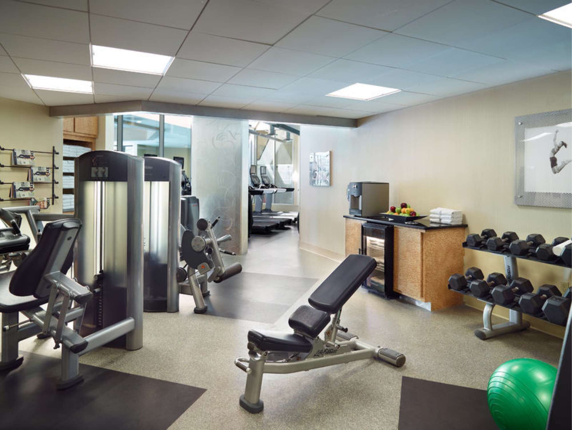 Une salle de sport équipée de divers appareils d’exercice, d’un banc, d’haltères et d’un ballon d’exercice vert.