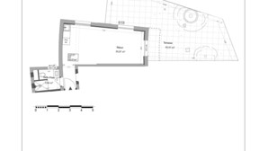 Plano de planta que muestra una sala de estar (24,97 m²), una terraza (43,57 m²), un baño (3,64 m²) y una zona de piscina (28,61 m²).