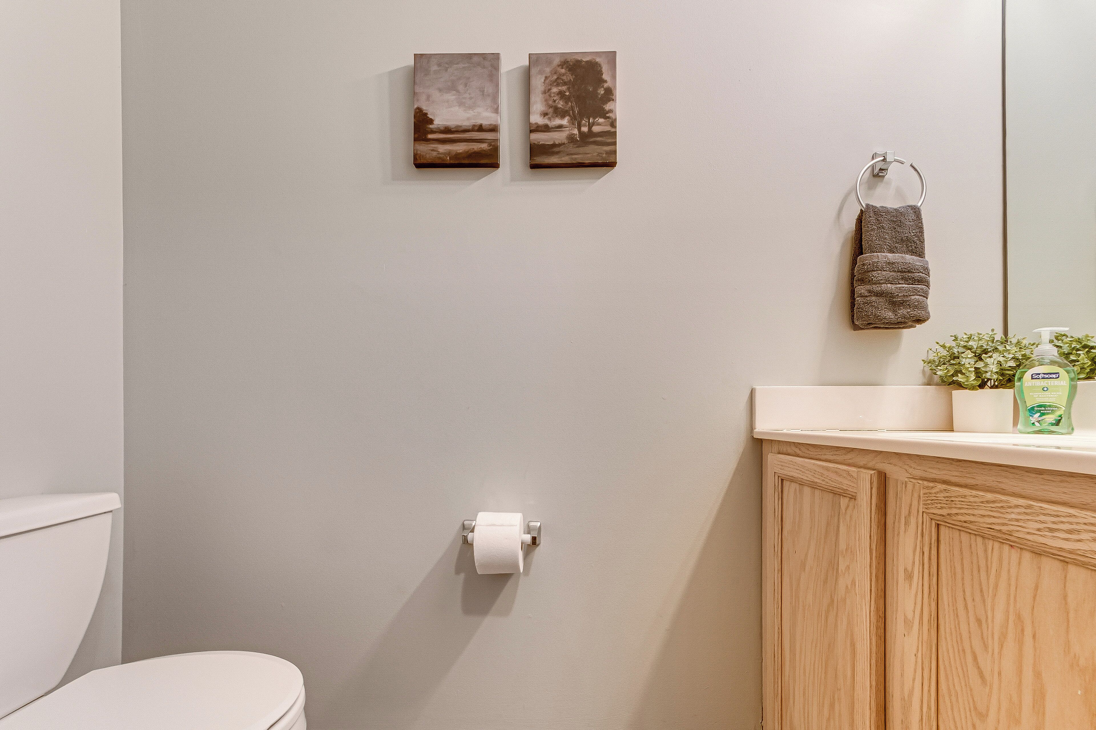 Une salle de bain avec des toilettes, un rouleau de papier toilette, une serviette suspendue à un anneau métallique et une petite plante posée sur le comptoir.