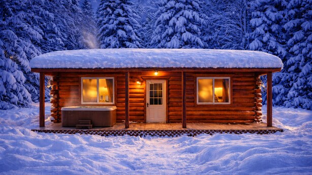 Une cabane en rondins avec un jacuzzi, une porte et des fenêtres, entourée d’arbres couverts de neige.