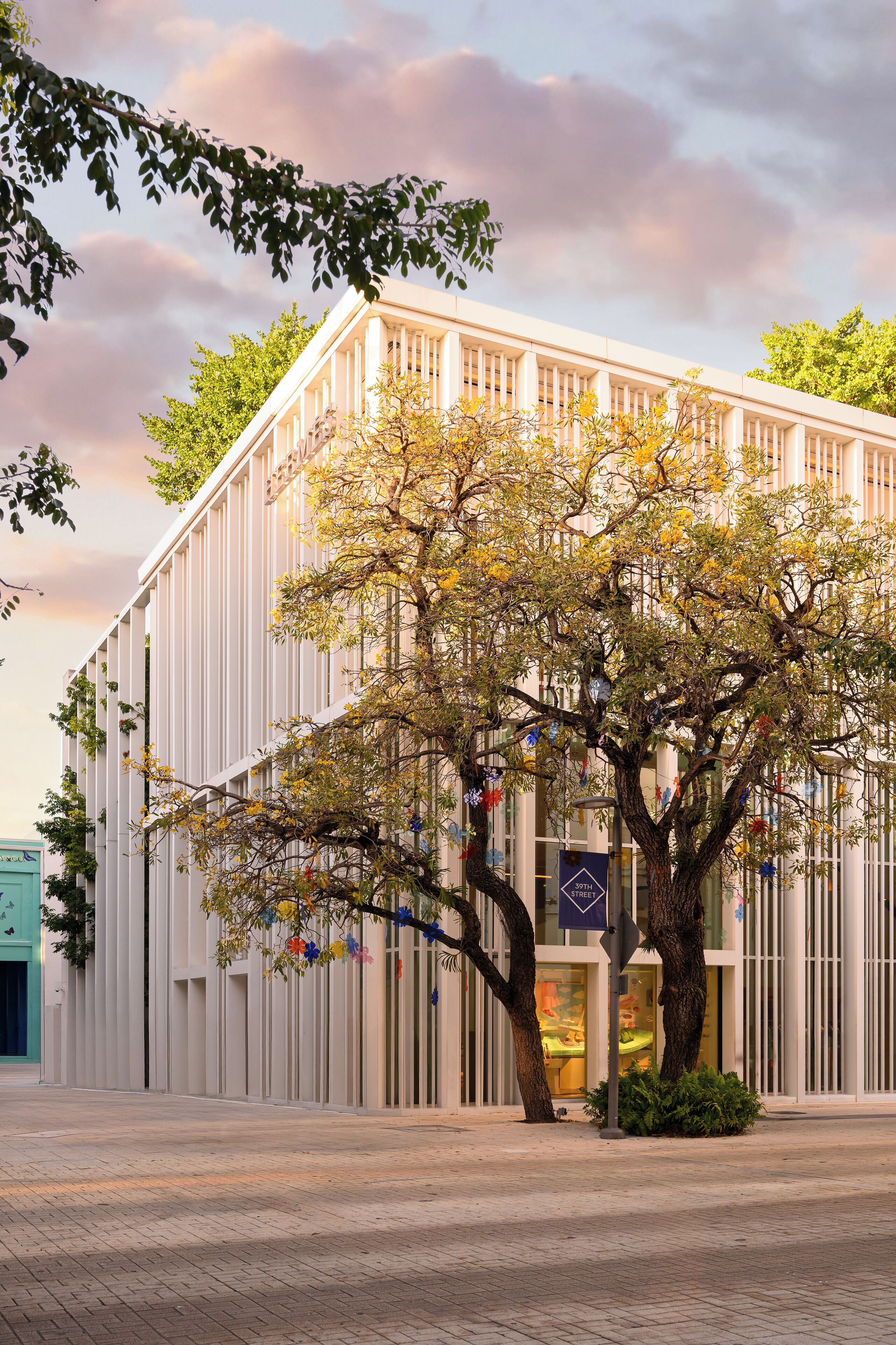 A modern building with a large tree in front, a clear sky, and a sign indicating a spa.