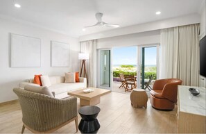 Living area - Top Floor, Oceanfront 1-bedroom suite w/balcony and the best view of Grace Bay (Grace Bay)