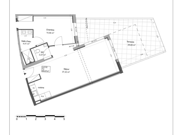 A floor plan of a hotel with a living room, kitchen, dining area, and a terrace. - UrbanFlat 213 - Aura Plage 02 - Sunrise (Roquebrune-sur-Argens)