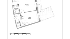 Hotellin pohjapiirros, jossa on makuuhuone (16,09 m²), kylpyhuone (2,96 m²), olohuone (16,50 m²) ja parveke (12,46 m²).