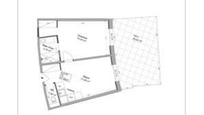Ein Grundriss mit Wohnzimmer (15,44 m²), Balkon (20,62 m²), Küche (1,86 m²) und Badezimmer (3,16 m²).