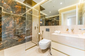 Regadera, secadora de cabello, bidet, toallas 